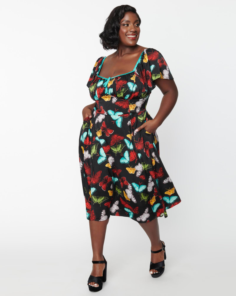 Unique Vintage Plus Size Black Multi Butterfly Print Swing Dress B